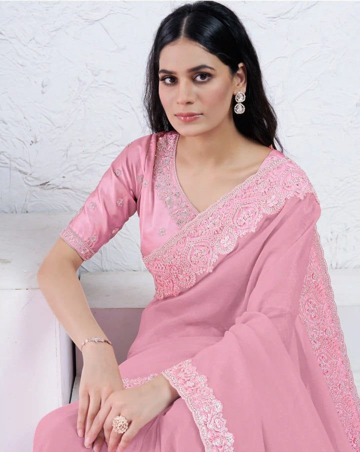 Luxurious Pink Saree with Diamond Work for Party & Festive Look