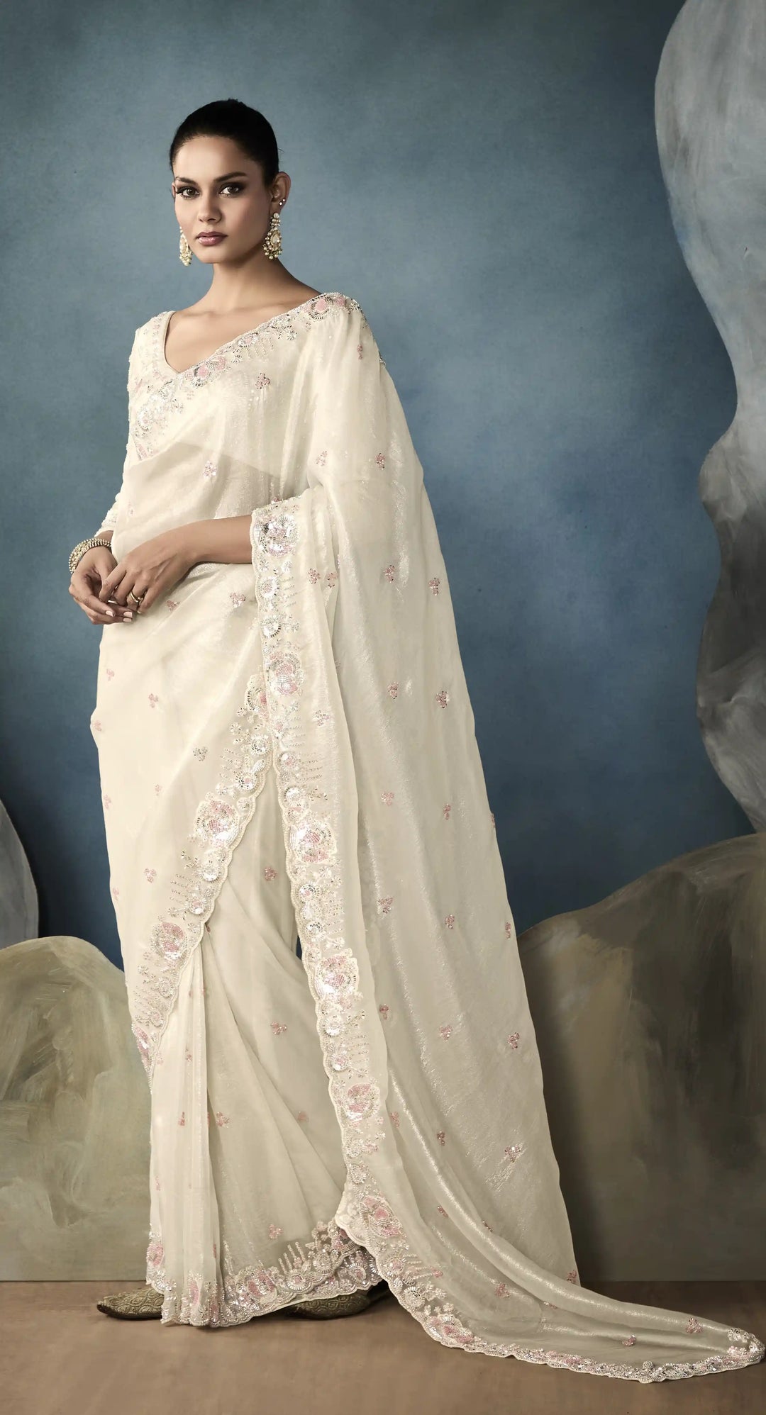 Stunning Handwork Cutwork Tissue Saree in Cream Shade