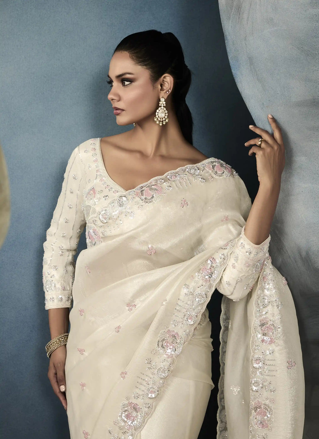 Stunning Handwork Cutwork Tissue Saree in Cream Shade