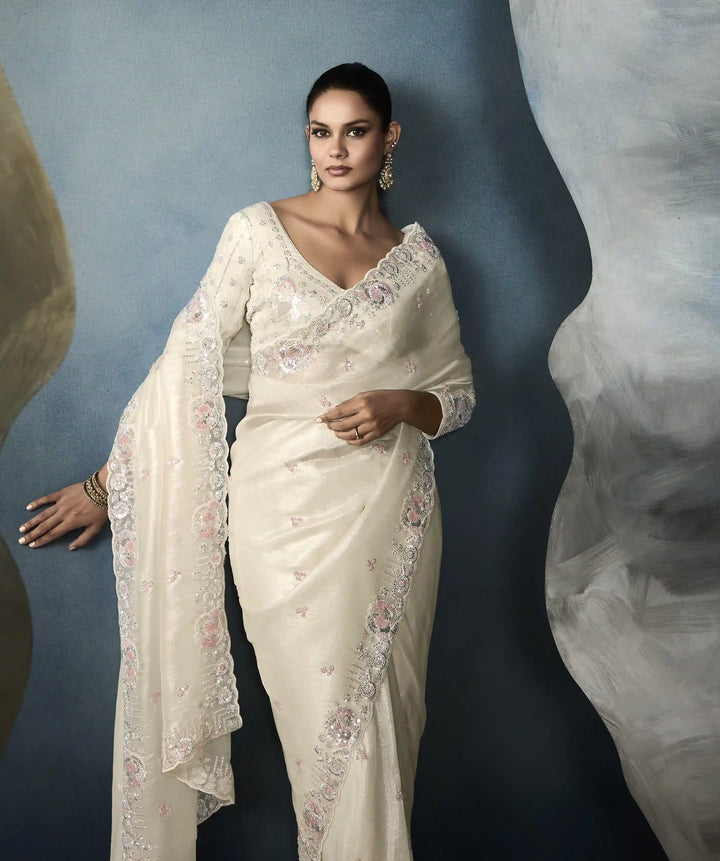 Stunning Handwork Cutwork Tissue Saree in Cream Shade