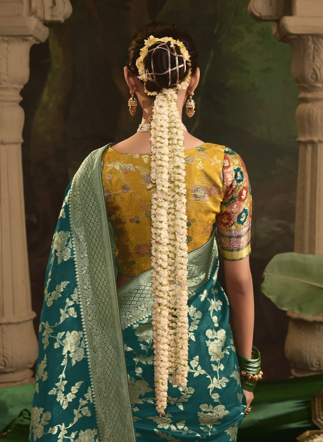 Festive Teal Crepe Dola Saree with Stylish Weaving