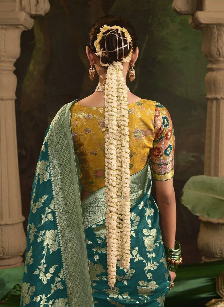 Festive Teal Crepe Dola Saree with Stylish Weaving