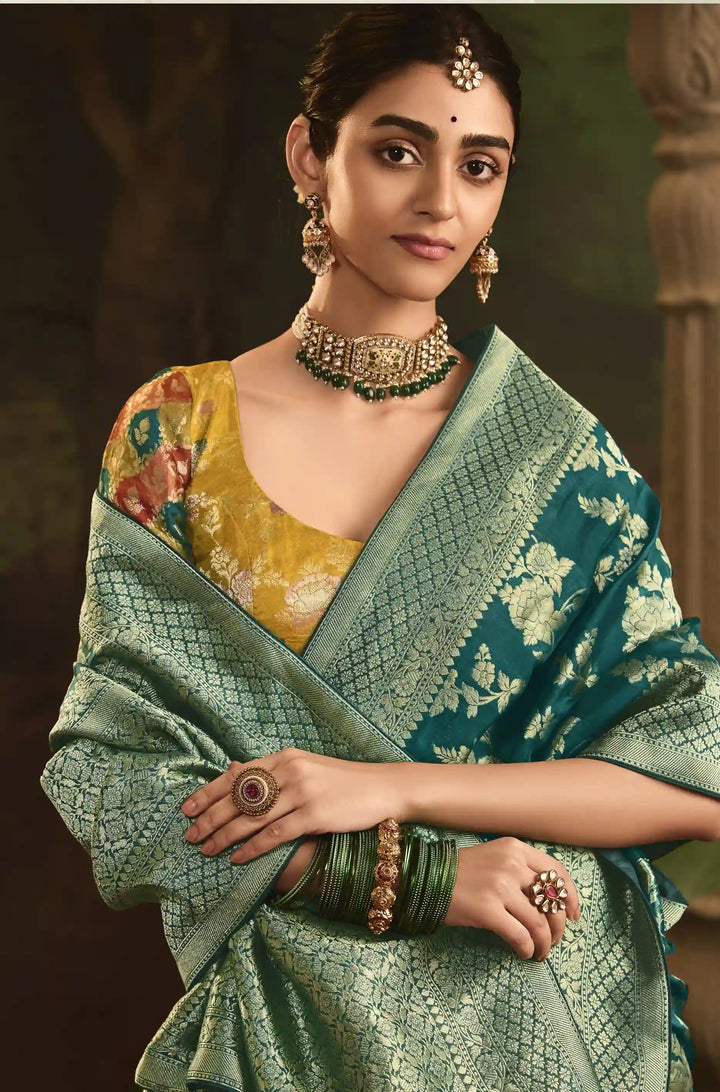 Festive Teal Crepe Dola Saree with Stylish Weaving