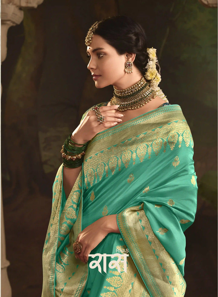 Stunning Rama Saree with Fancy Pallu and Weaving Work