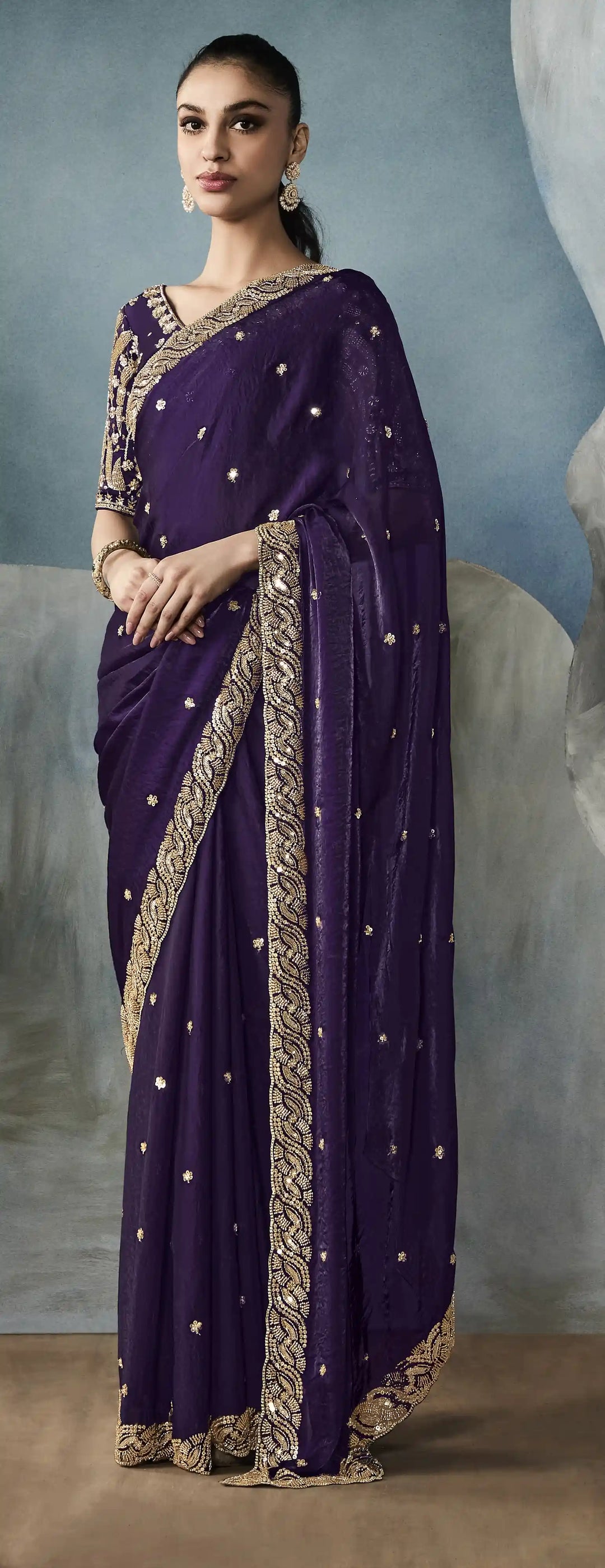Traditional Meets Trendy: Purple Tissue Saree with Handwork