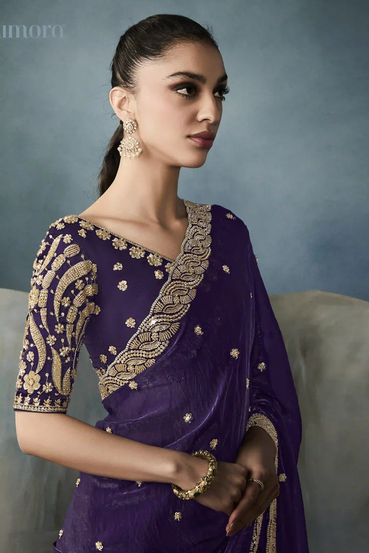 Traditional Meets Trendy: Purple Tissue Saree with Handwork