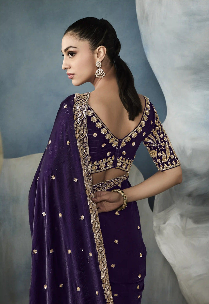 Traditional Meets Trendy: Purple Tissue Saree with Handwork
