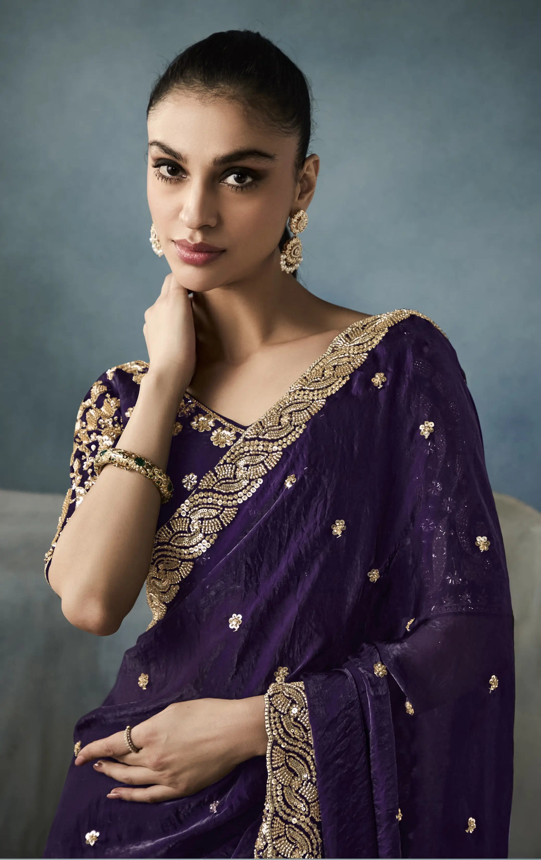 Traditional Meets Trendy: Purple Tissue Saree with Handwork