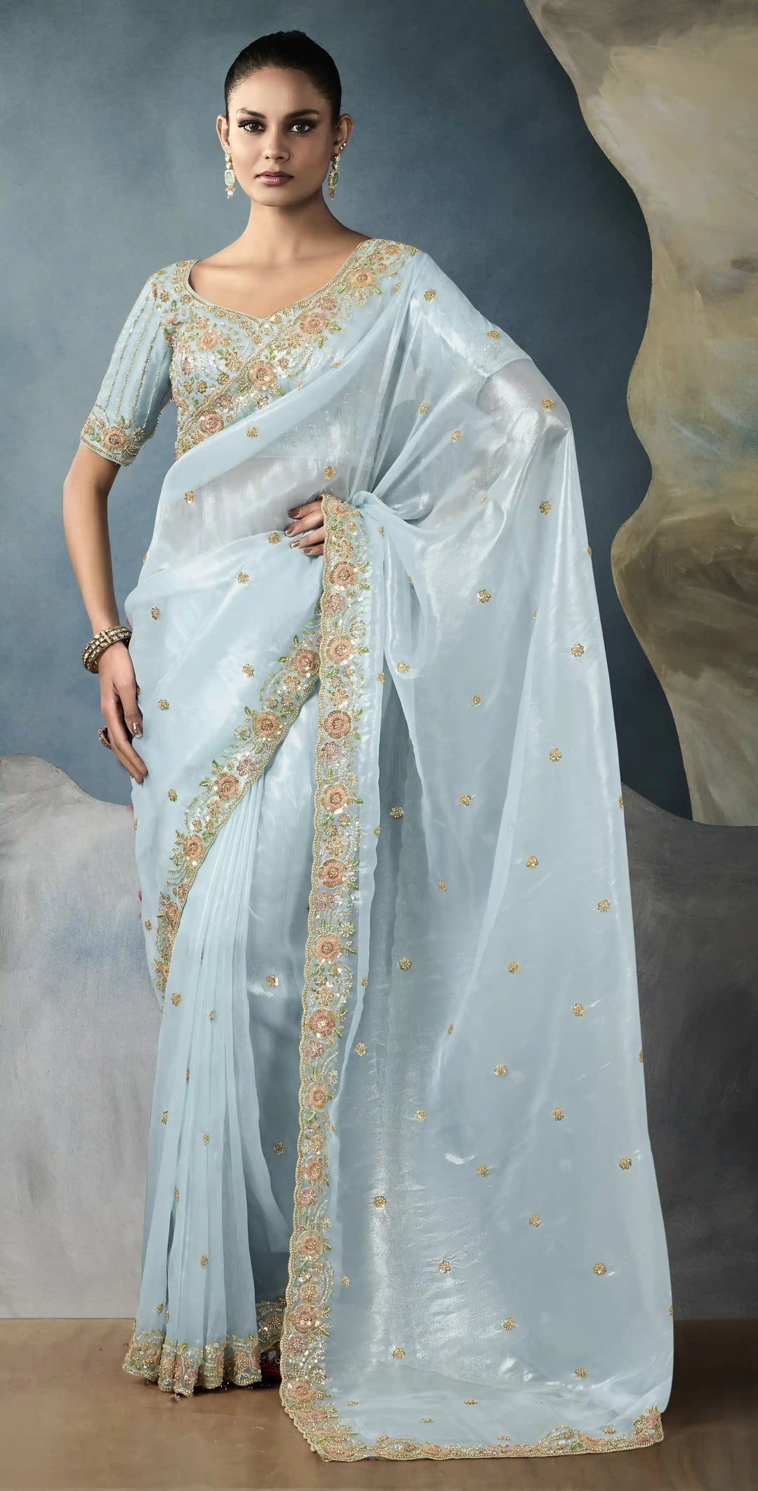 Graceful Tissue Saree with Satin Blouse - Sky Blue Charm
