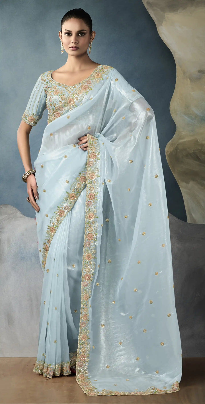 Graceful Tissue Saree with Satin Blouse - Sky Blue Charm