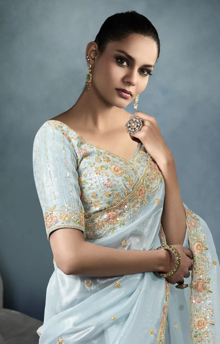 Graceful Tissue Saree with Satin Blouse - Sky Blue Charm