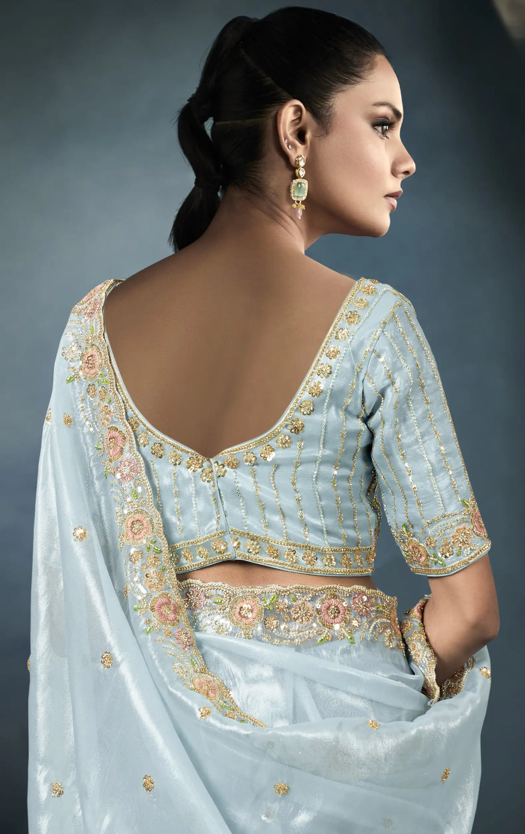 Graceful Tissue Saree with Satin Blouse - Sky Blue Charm