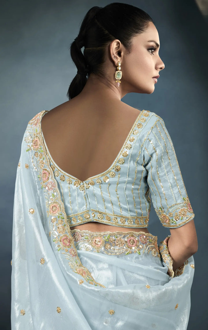 Graceful Tissue Saree with Satin Blouse - Sky Blue Charm