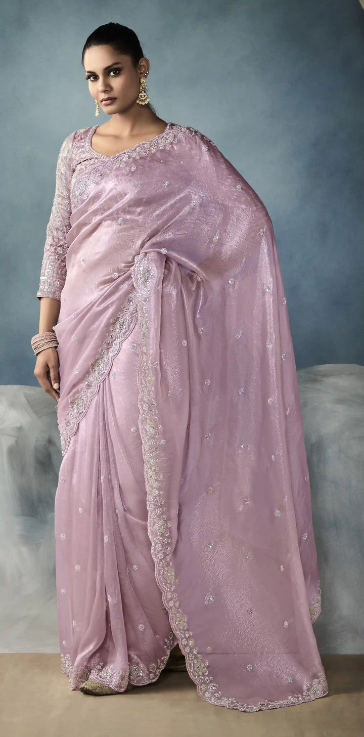 Lavish Lavender Tissue Saree with Handwork Designer Borders