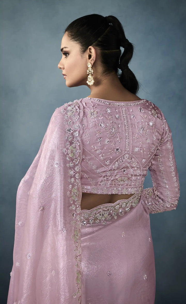 Lavish Lavender Tissue Saree with Handwork Designer Borders