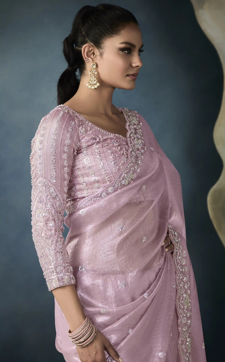 Lavish Lavender Tissue Saree with Handwork Designer Borders