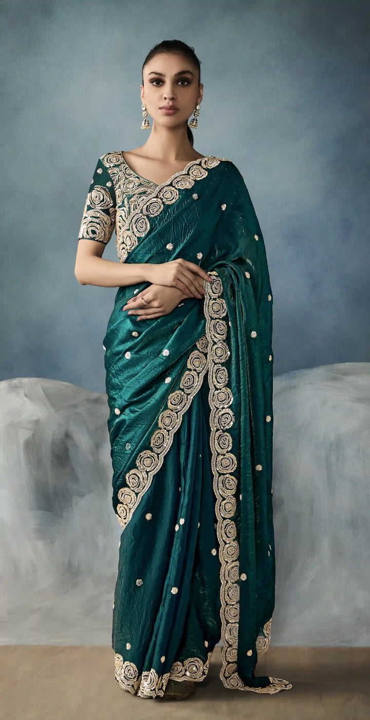 Sophisticated Handwork Saree in Bottle Green with Satin Blouse