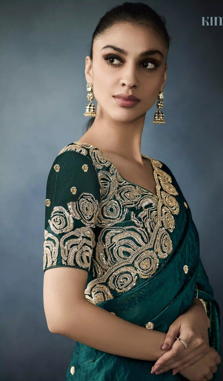 Sophisticated Handwork Saree in Bottle Green with Satin Blouse