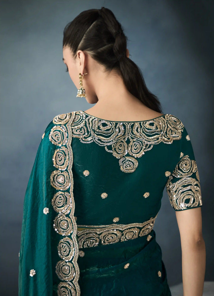 Sophisticated Handwork Saree in Bottle Green with Satin Blouse