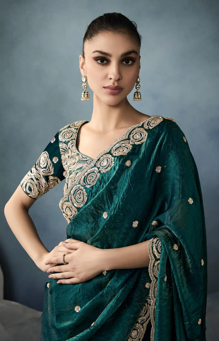 Sophisticated Handwork Saree in Bottle Green with Satin Blouse