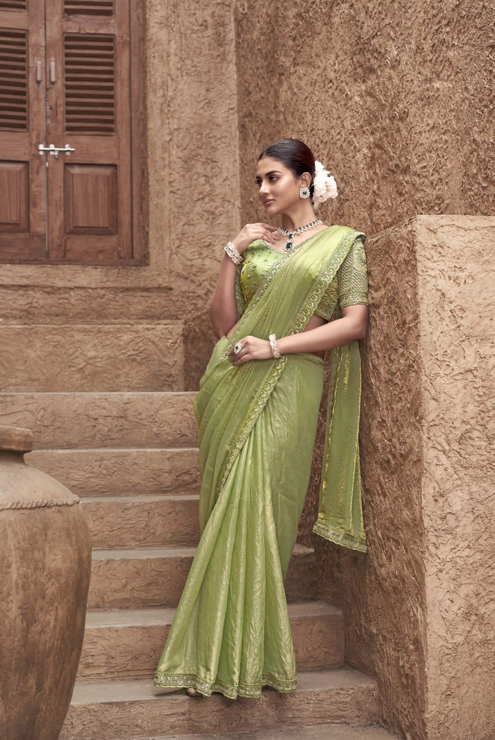 Classic Pista Green Satin Silk Saree with Unique Embroidery Design
