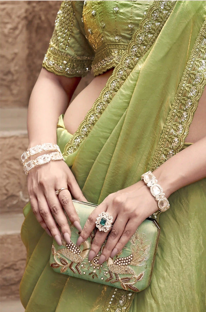 Classic Pista Green Satin Silk Saree with Unique Embroidery Design