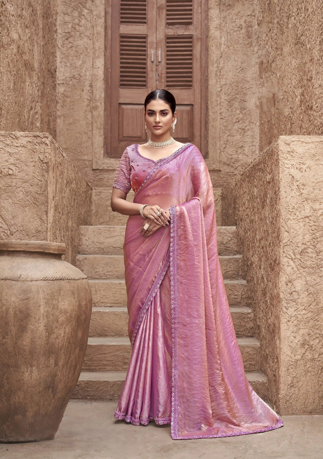 Shine in Dusty Pink Satin Silk Saree with Designer Work