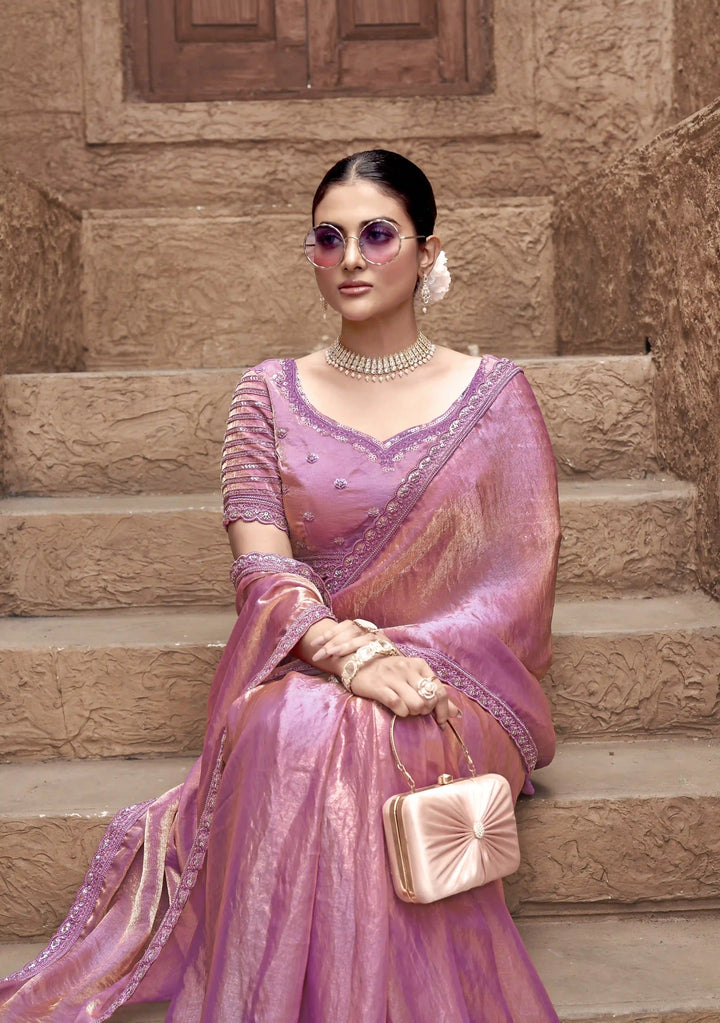 Shine in Dusty Pink Satin Silk Saree with Designer Work