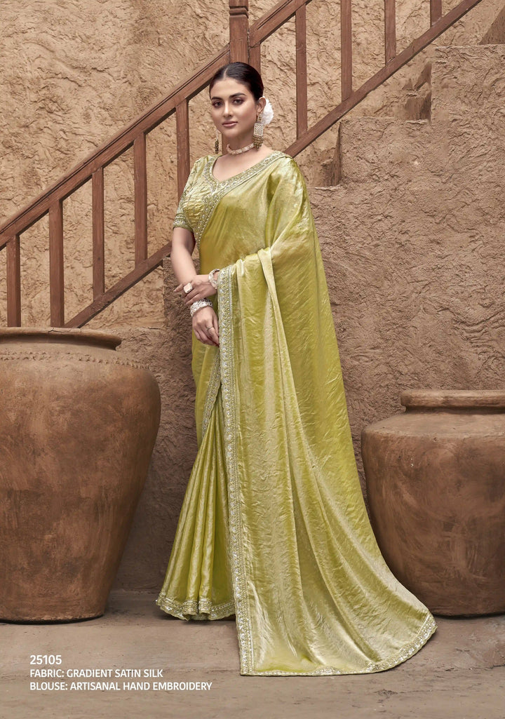 Eye-Catching Lime Silk Saree with Hand Work & Matching Blouse