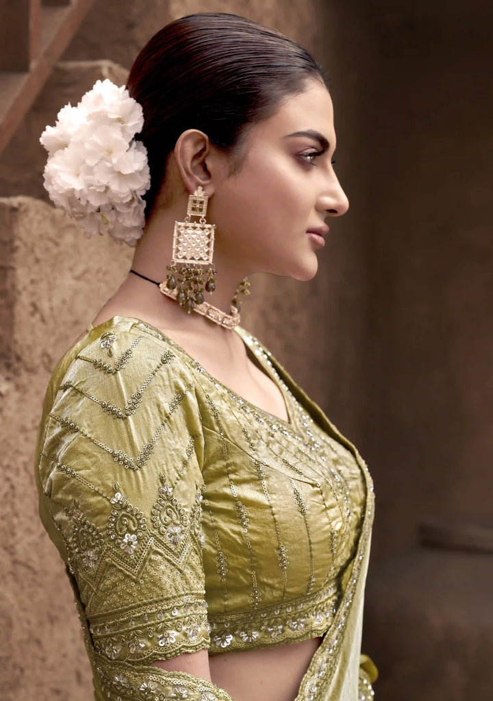 Eye-Catching Lime Silk Saree with Hand Work & Matching Blouse