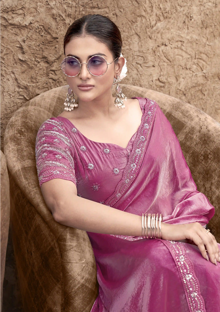 Radiant Bright Pink Satin Silk Saree – Perfect for Weddings & Parties