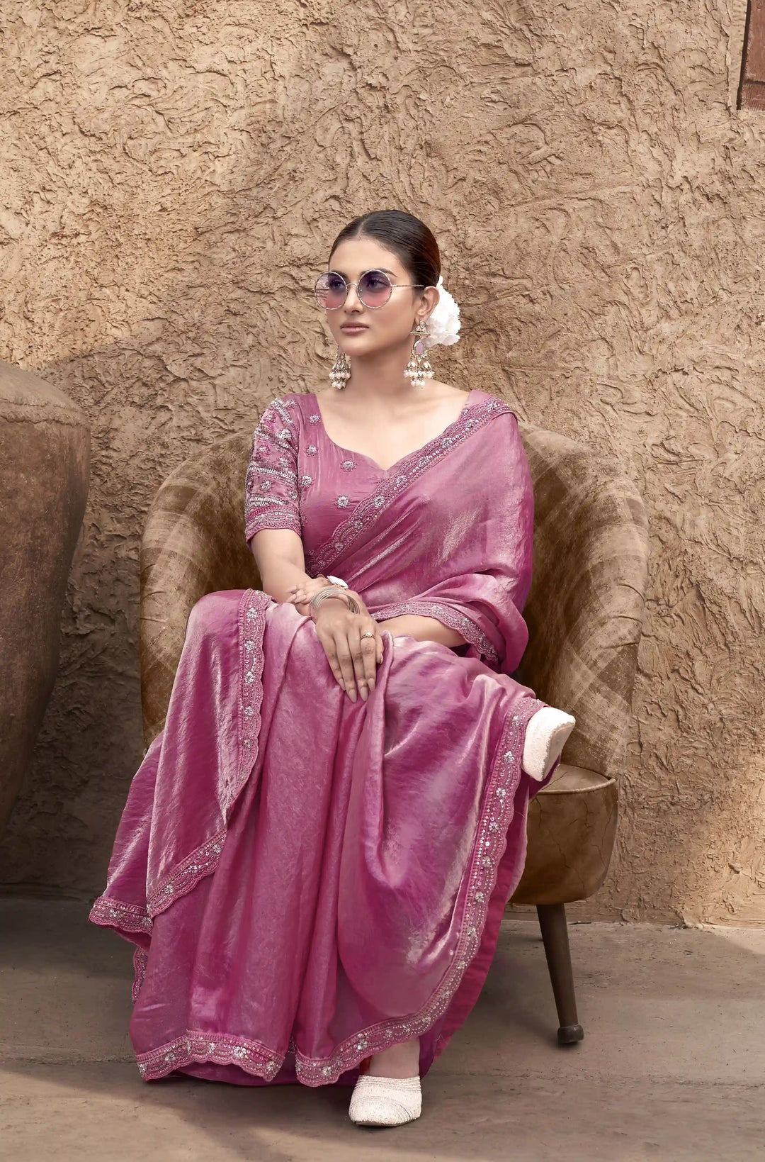 Radiant Bright Pink Satin Silk Saree – Perfect for Weddings & Parties