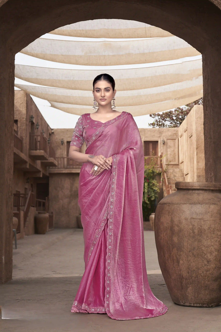 Radiant Bright Pink Satin Silk Saree – Perfect for Weddings & Parties