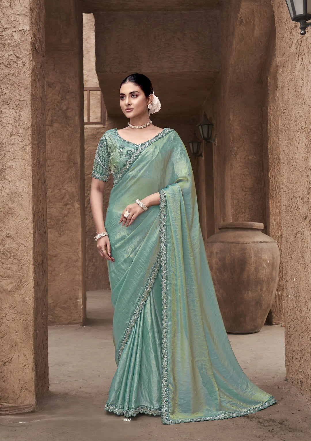 Premium Rama Saree in Satin Silk with Heavy Hand Work