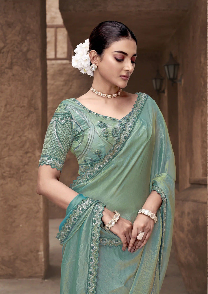 Premium Rama Saree in Satin Silk with Heavy Hand Work