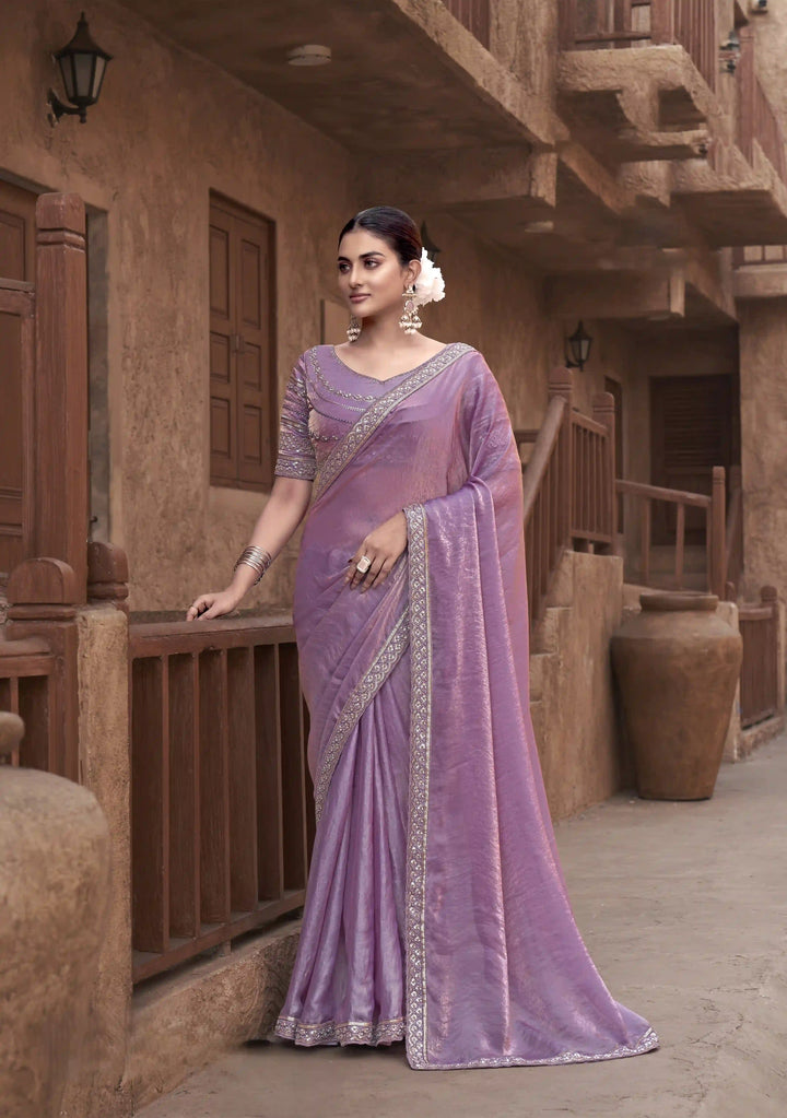 Premium Satin Silk Purple Saree with Handcrafted Detailing