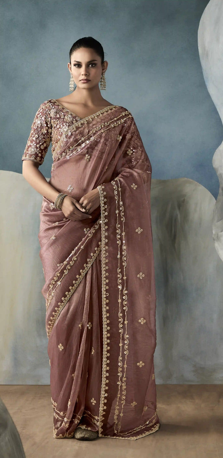 Chic Dusty Pink Saree with Satin Blouse and Exquisite Handwork Border
