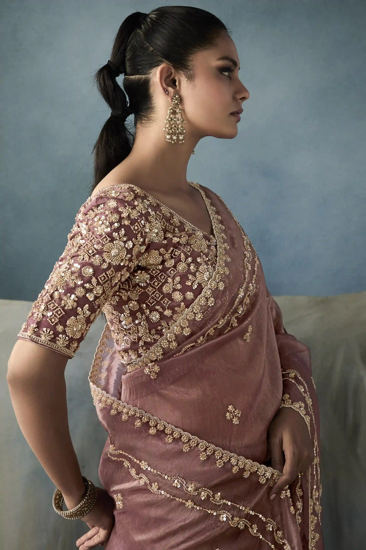 Chic Dusty Pink Saree with Satin Blouse and Exquisite Handwork Border