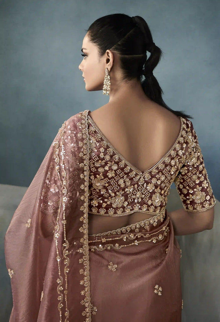 Chic Dusty Pink Saree with Satin Blouse and Exquisite Handwork Border