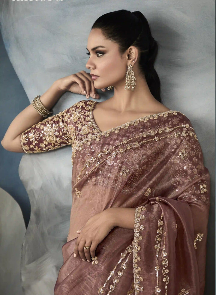 Chic Dusty Pink Saree with Satin Blouse and Exquisite Handwork Border