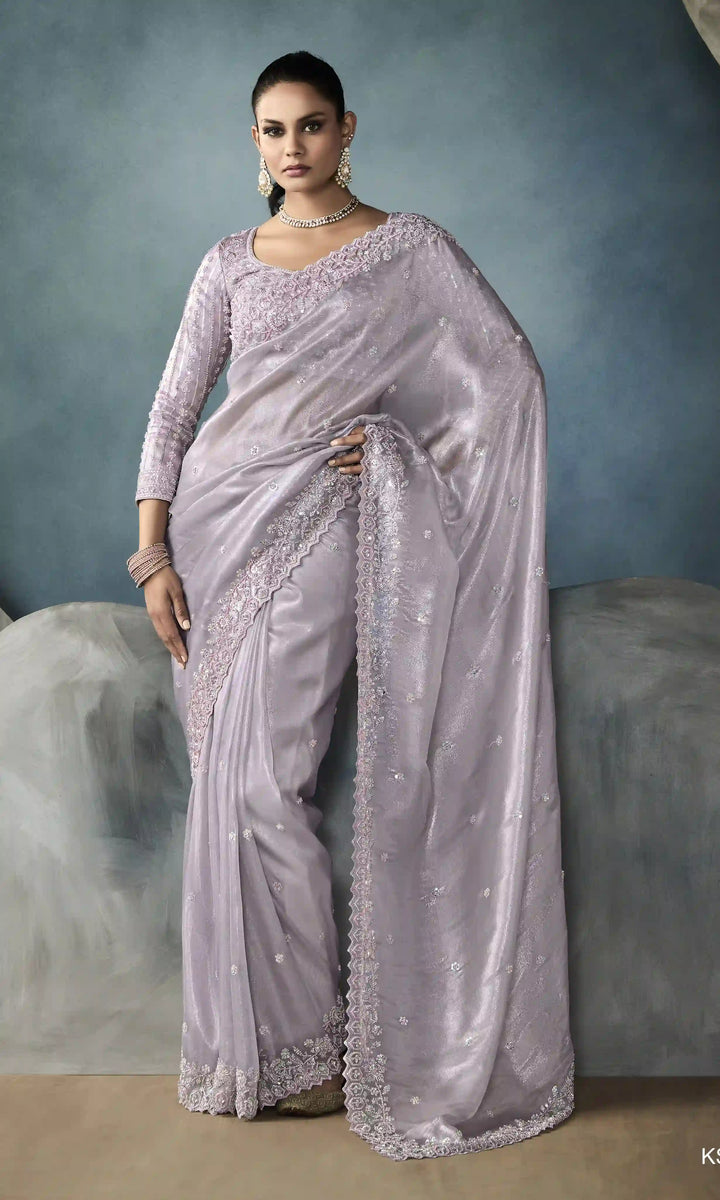 Light Lavender Tissue Saree with Designer Cut Work Border