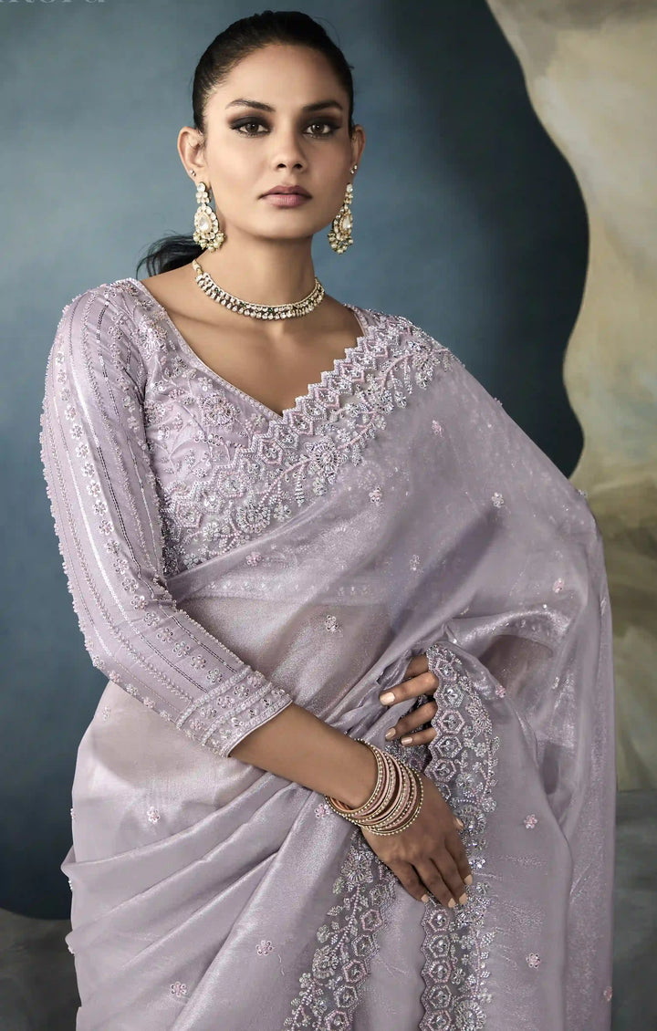 Light Lavender Tissue Saree with Designer Cut Work Border