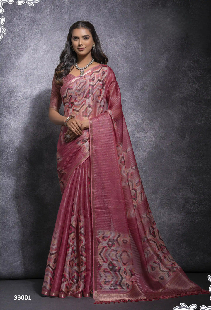 Stylish Coral Pink Linen Saree with Artistic Zari Details