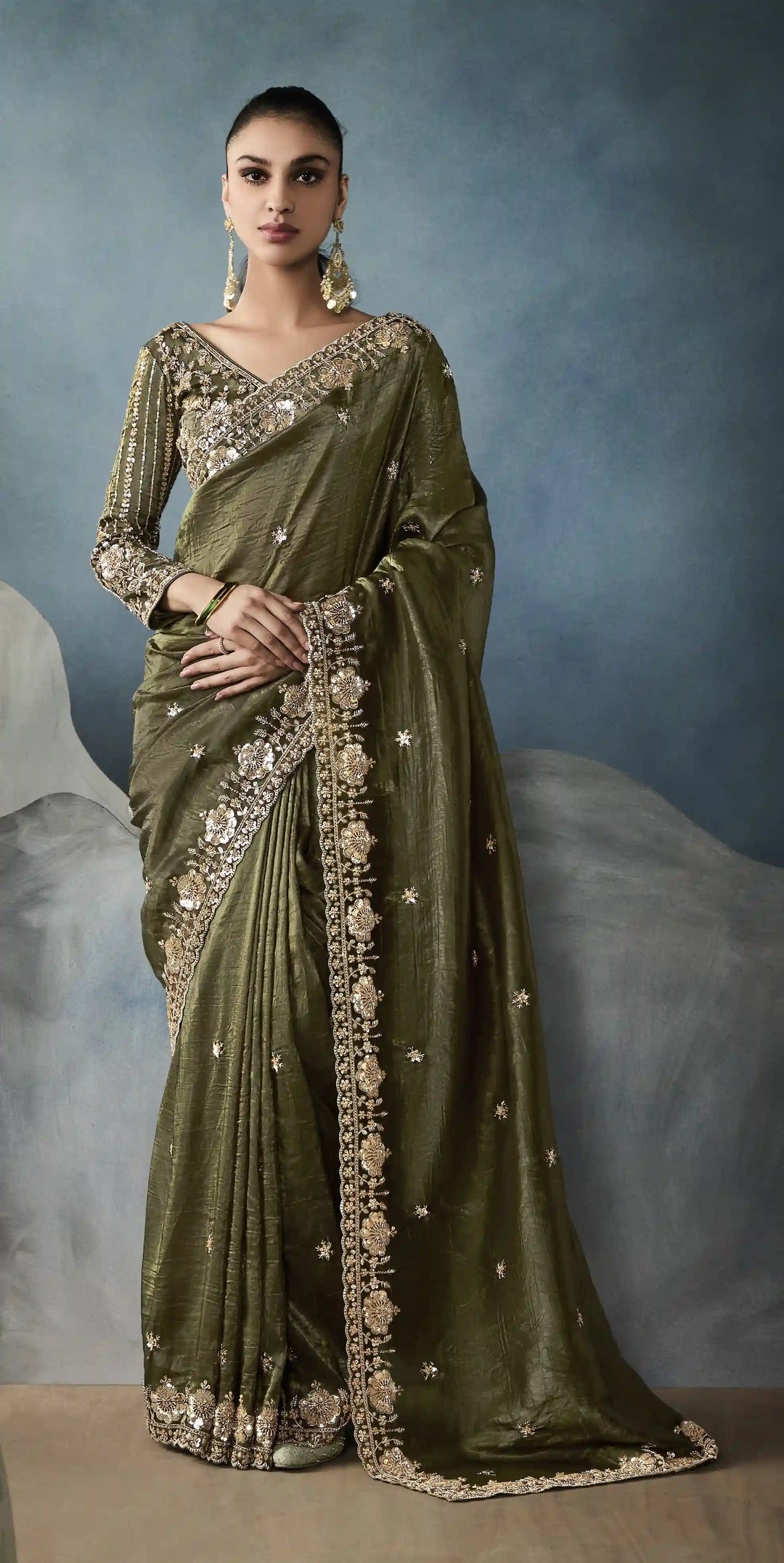 Celebrate in Style with Mehendi Green Tissue Saree & Satin Blouse