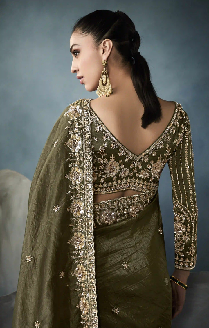 Celebrate in Style with Mehendi Green Tissue Saree & Satin Blouse