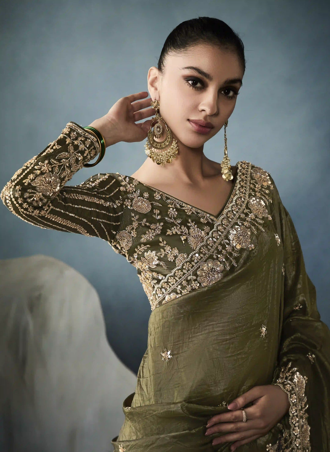 Celebrate in Style with Mehendi Green Tissue Saree & Satin Blouse
