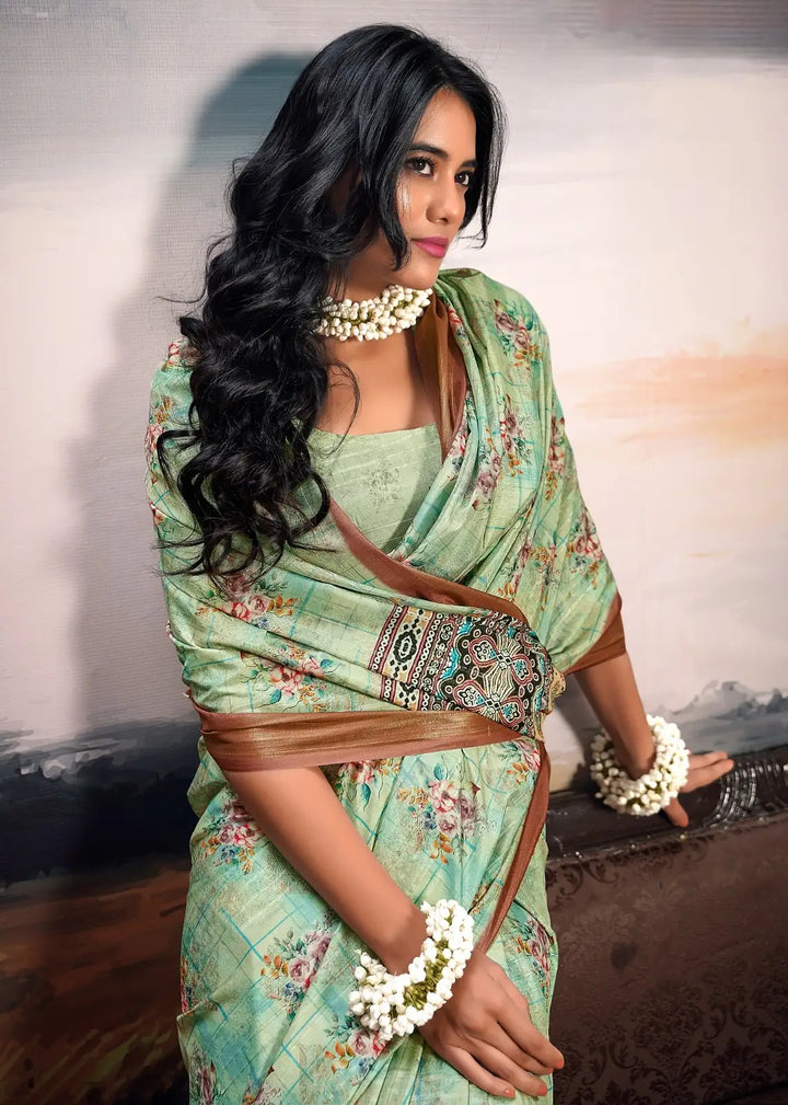 Trendy Sea Green Cotton Silk Saree with Zari and Digital Print
