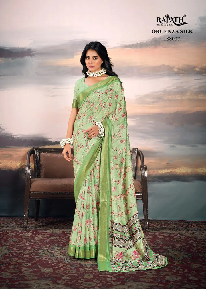 Vibrant Green Cotton Silk Saree with Zari Detailing and Digital Print