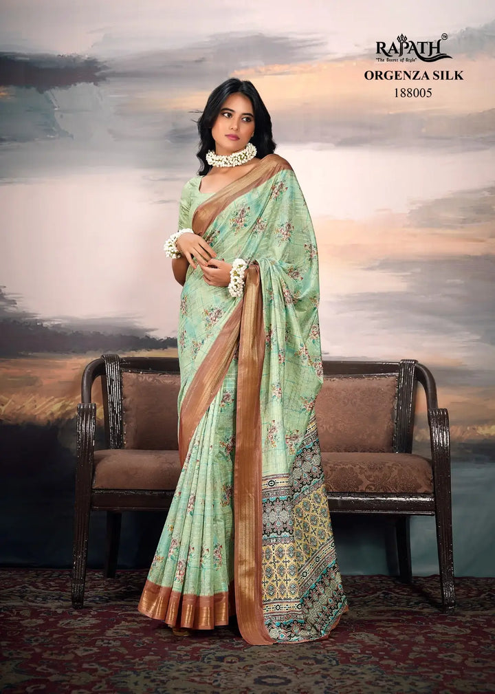 Trendy Sea Green Cotton Silk Saree with Zari and Digital Print