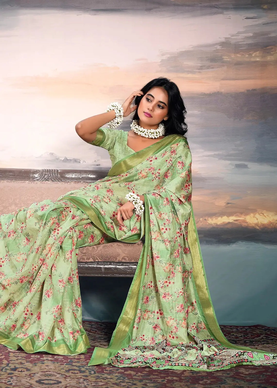 Vibrant Green Cotton Silk Saree with Zari Detailing and Digital Print
